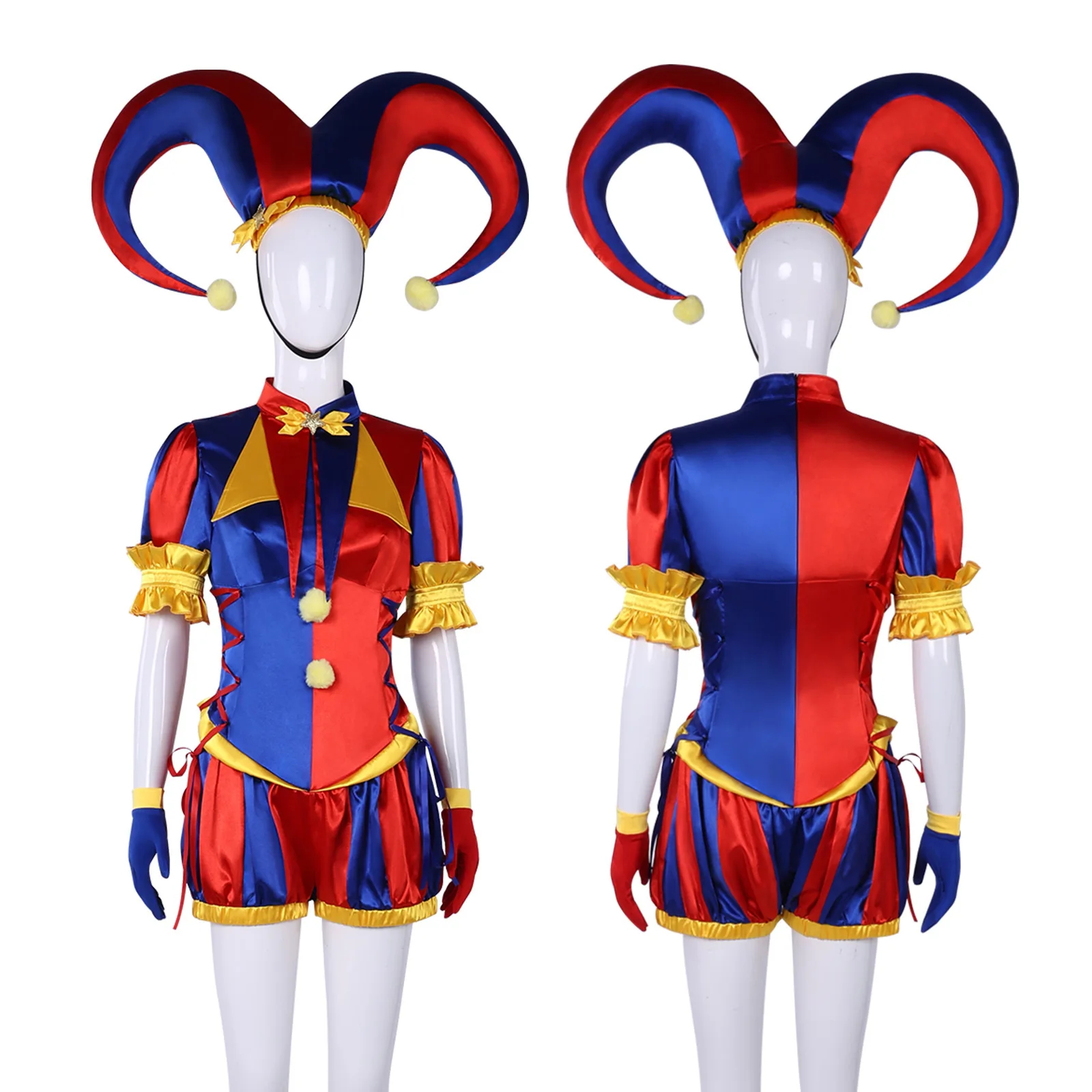 Pomni Red Blue Circus Clown Cosplay Costume Women Full Set Jumpsuit Hat Gloves Halloween Carnival Masquerade Fancy Dress Outfit