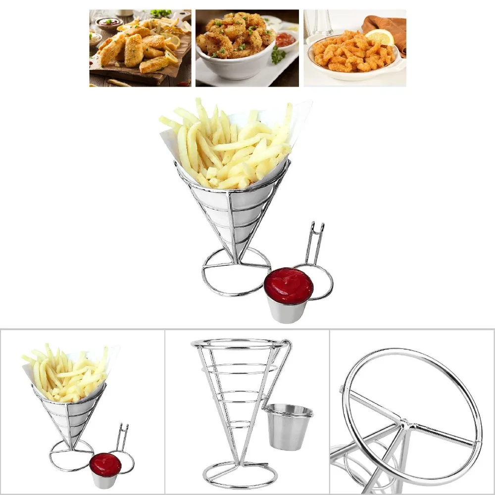 Practical Iron French Fry Cone Holder with Sauce Cup Convenient Fries Display Stand Sliver Study Fries Baskets Serving Snacks
