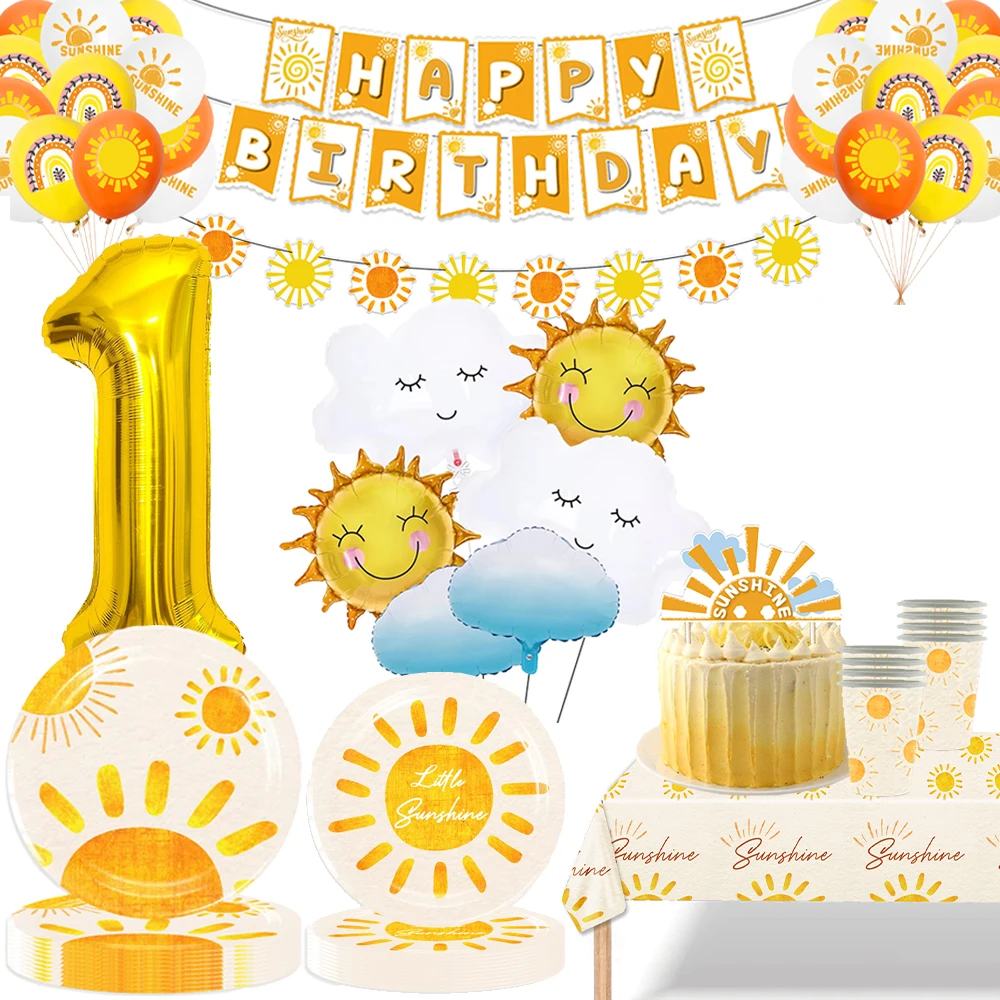 Sunshine Geburtstagsparty-Pappteller, Servietten, Tassen, Banner, Folienballon, böhmische Sonne, 1 Set, Geburtstagsfeier, Kinder, Babyparty-Zubehör