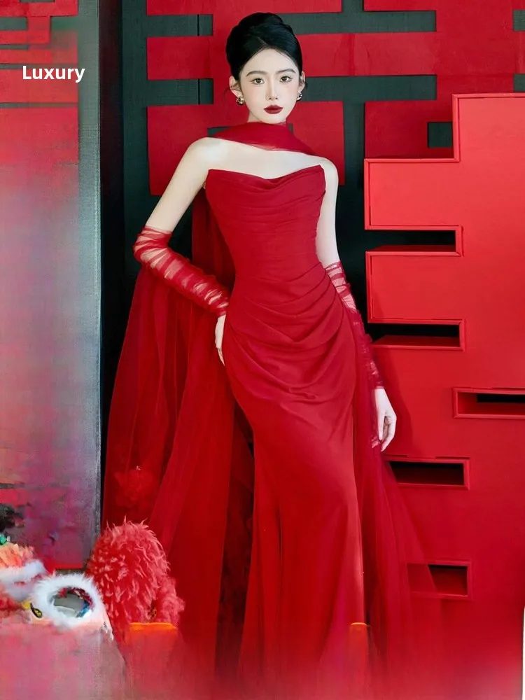 

Red Wine Color Bridal Gown Sexy Fish Tail Wedding Dress Women's Luxury Morning Robe Vintage Style Long Zipper Evening Gown