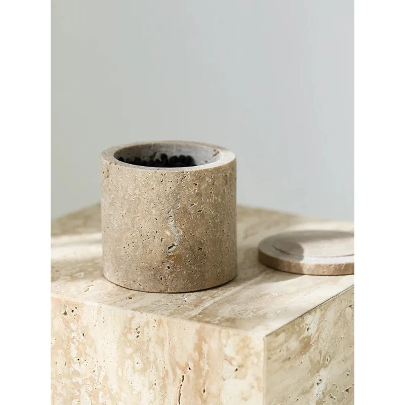 Natural Travertine Stone Cotton Swabs Holder Box Round Marble Salt Sugar Spice Storage Container Jar Makeup Brush Holder