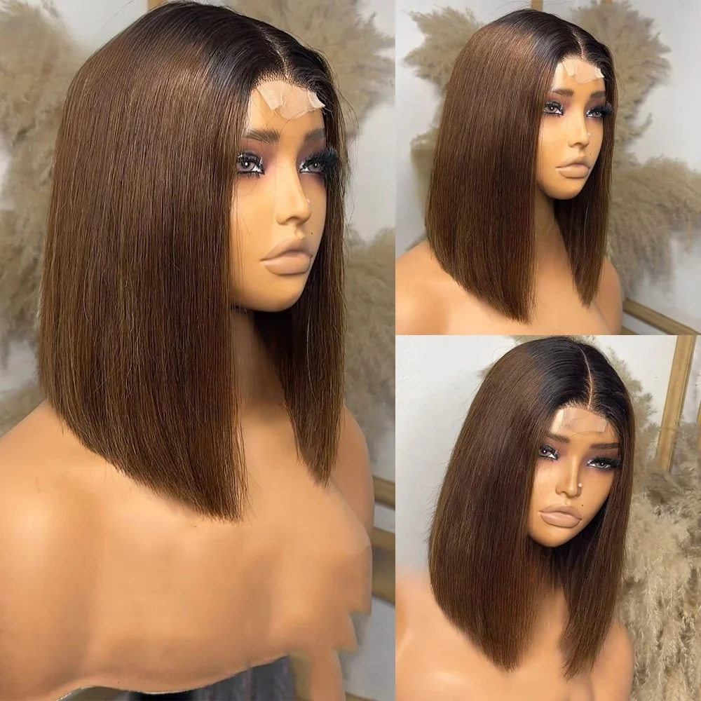 

14inch Ombre Brown Straight Soft 180Density Short Bob Glueless Lace Front Wig For Women Baby Hair Preplucked Natural Hairline