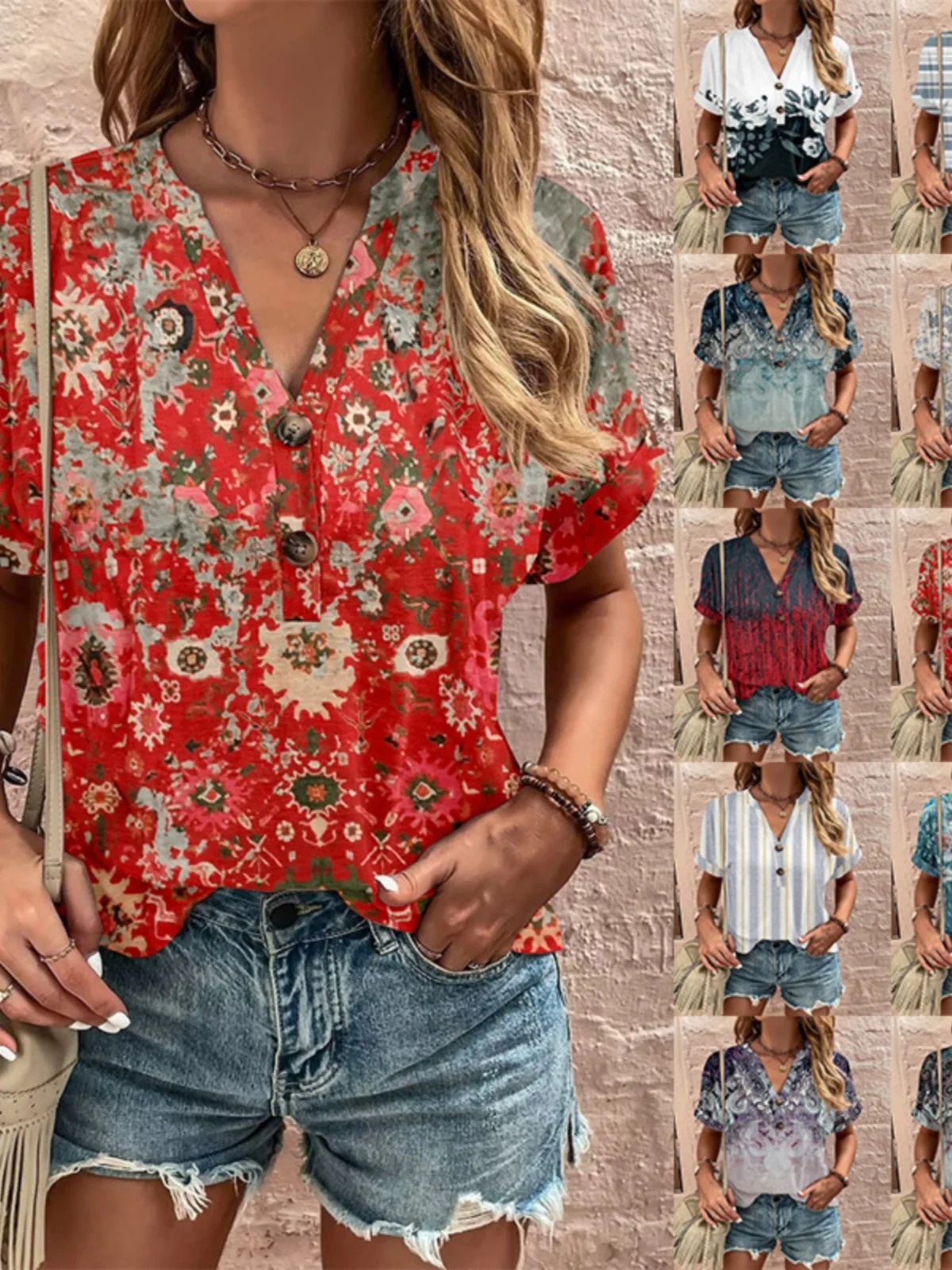 

Summer Casual Women's ort Sve Top V-Ne Button Print Loose Fit T-irt Street Sle Floral Print f Sve Body Tee