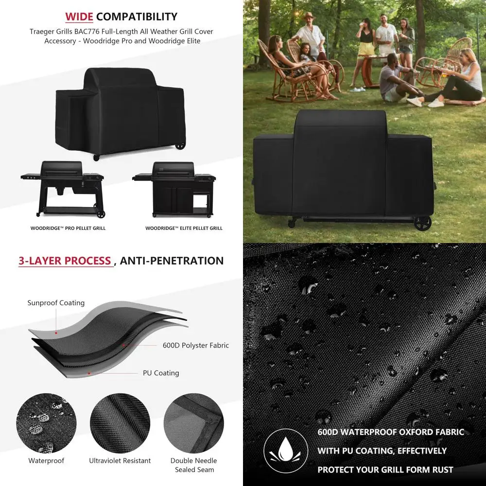 

Traeger Woodridge Pro & Elite Waterproof Pellet Grill Cover - Heavy Duty All-Weather BAC776 Black