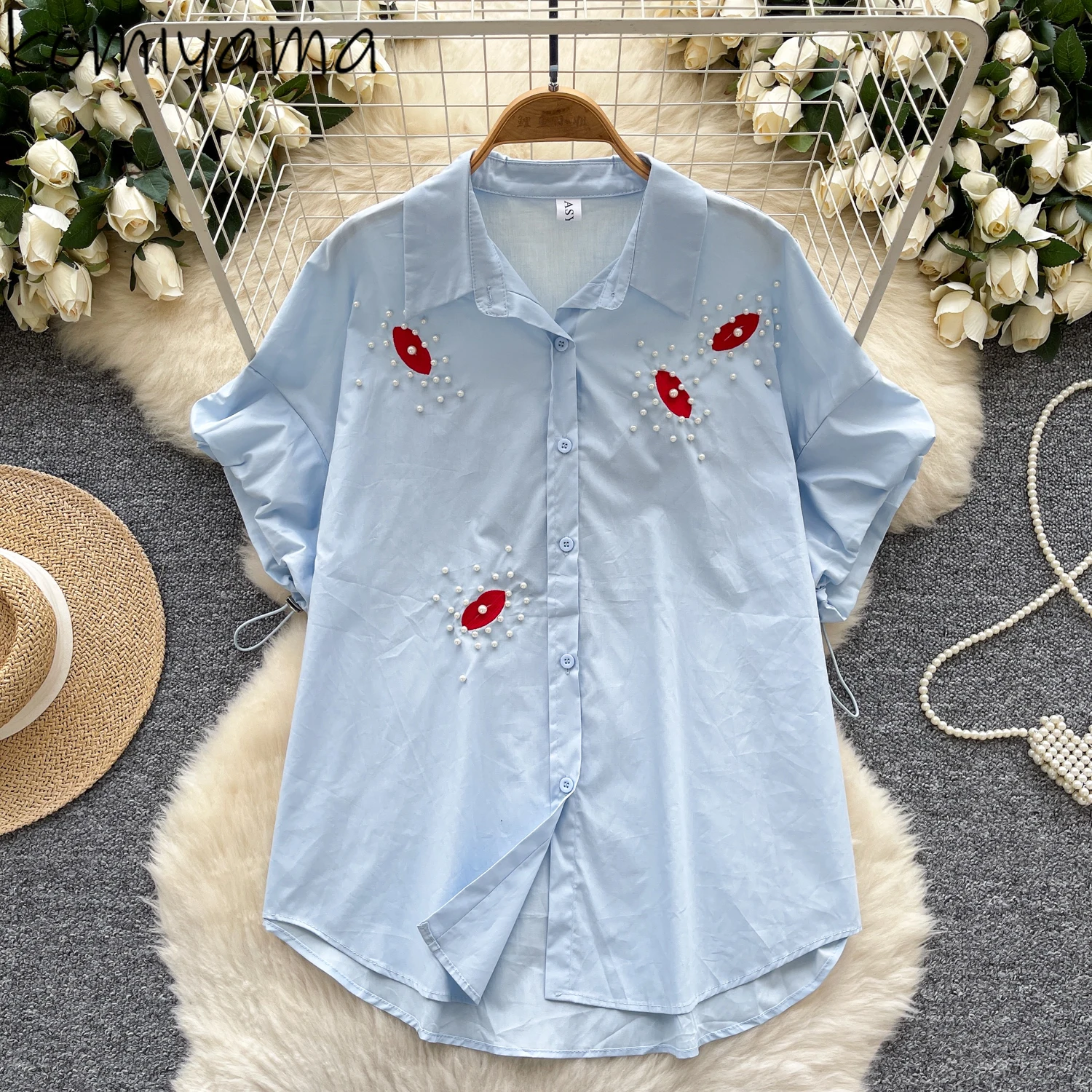 

Spliced Beads Woman 2025 Shirts & Blouses Red Lips Embroidery Blusas Mujer Drawstring Short Sleeve Clothing Ropa Mujer Camisas