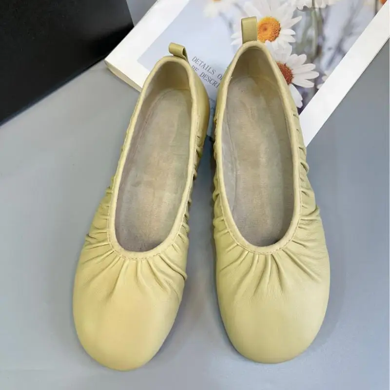 Maxdutti Minimalist Women's Shoes Elegant Leather Round Toe Soft Pleated Leather Flat Bottom Ballet Shoes Loafers Shoes Woman