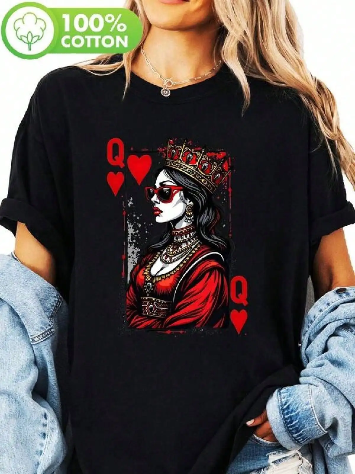 T Shirt Print ,Graphic-Cotton Tees Size Plus,Y-Red Heart Q Stunning Queen, Red Heart Queen Card Women'S Valentine'S Day Printed T-Shirt, Short-Sleeve Round Neck Casual Top, Summer And Spring, Women'S ClothingStandard Women's Size