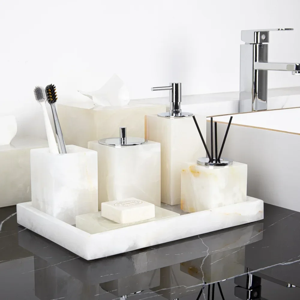 White Onyx Natural Marble Bathroom Set Luxury Soap Dispenser Tissue Box Vanity Tray Toothbrush Holder Set for Bathroom