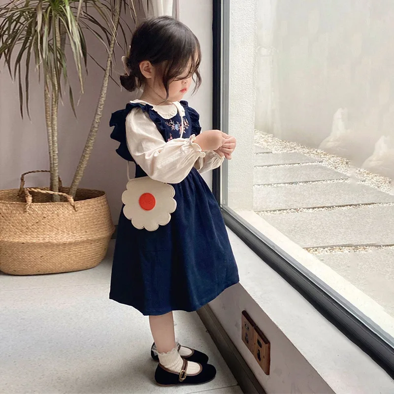 2024 Vintage Lolita Dress Sets for Girls Kids Autumn Clothes From 2 to 8 Years Children Baby-doll Shirt+ Embroidery Tank Skirt