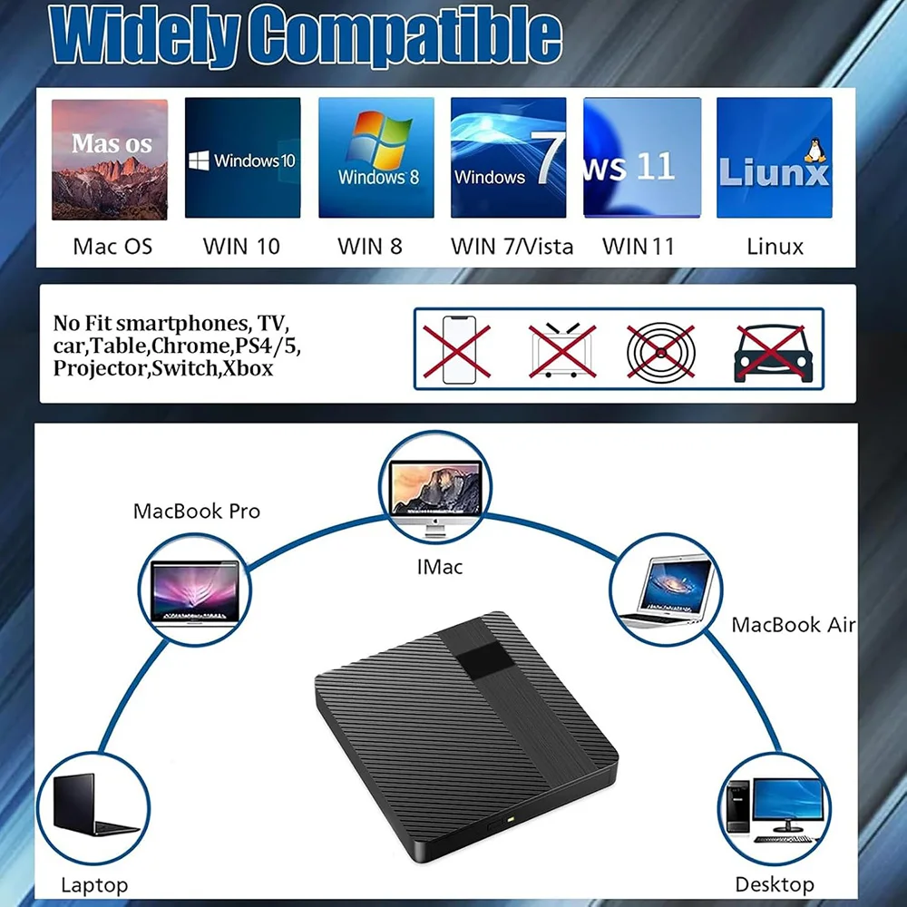 Extern optisch station Blu-ray USB 3.0 BD CD DVD-lezer en schrijver Draagbare brander voor laptop PC Windows Mac Notebook