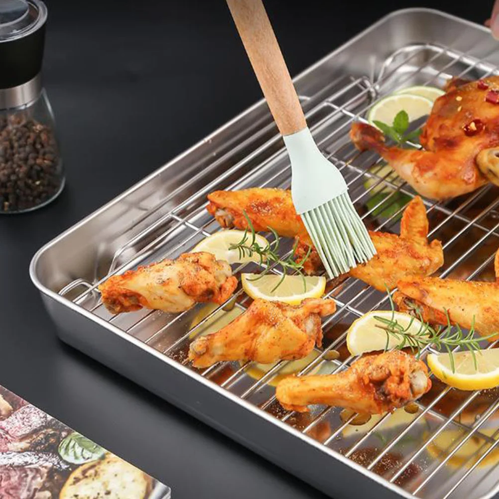 

Stainless Steel Deep Baking Pan with Wire Rack Japanese Flat Bottom Oven Tray for Roasting Cookies Bacon Turkey Cooling