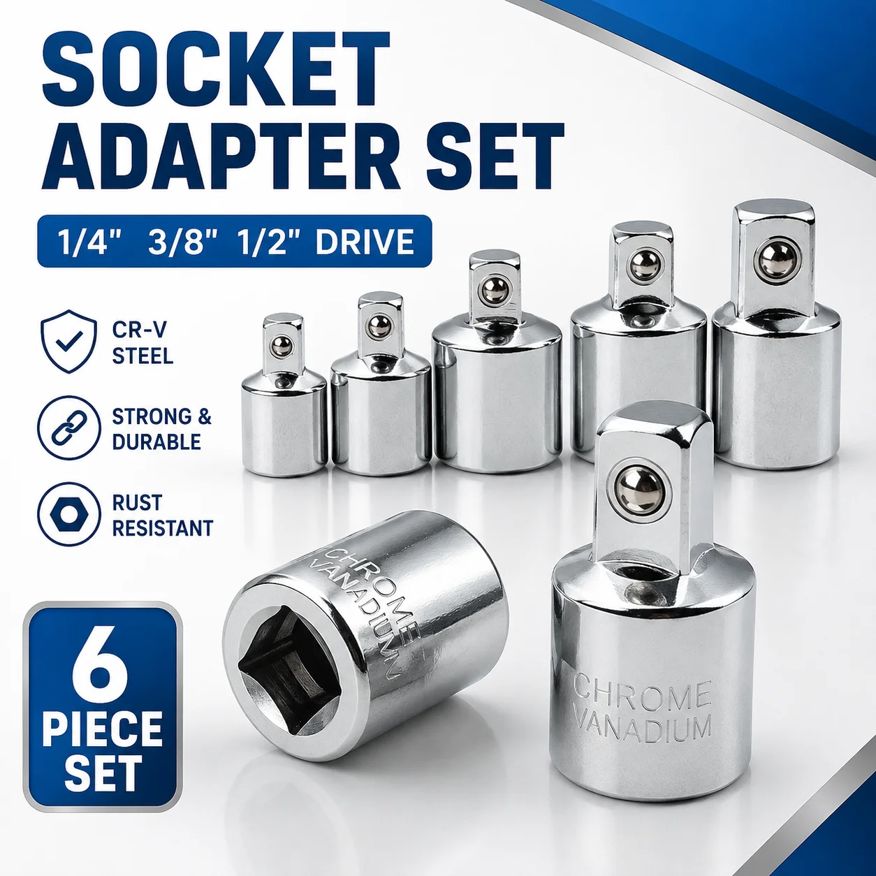 Socket Adapter Set, 1/4 3/8 1/2 Inch Drive Ratchet Wrench Converter Reducer, Chrome Vanadium Steel Hand Tool for Auto DIY Repair