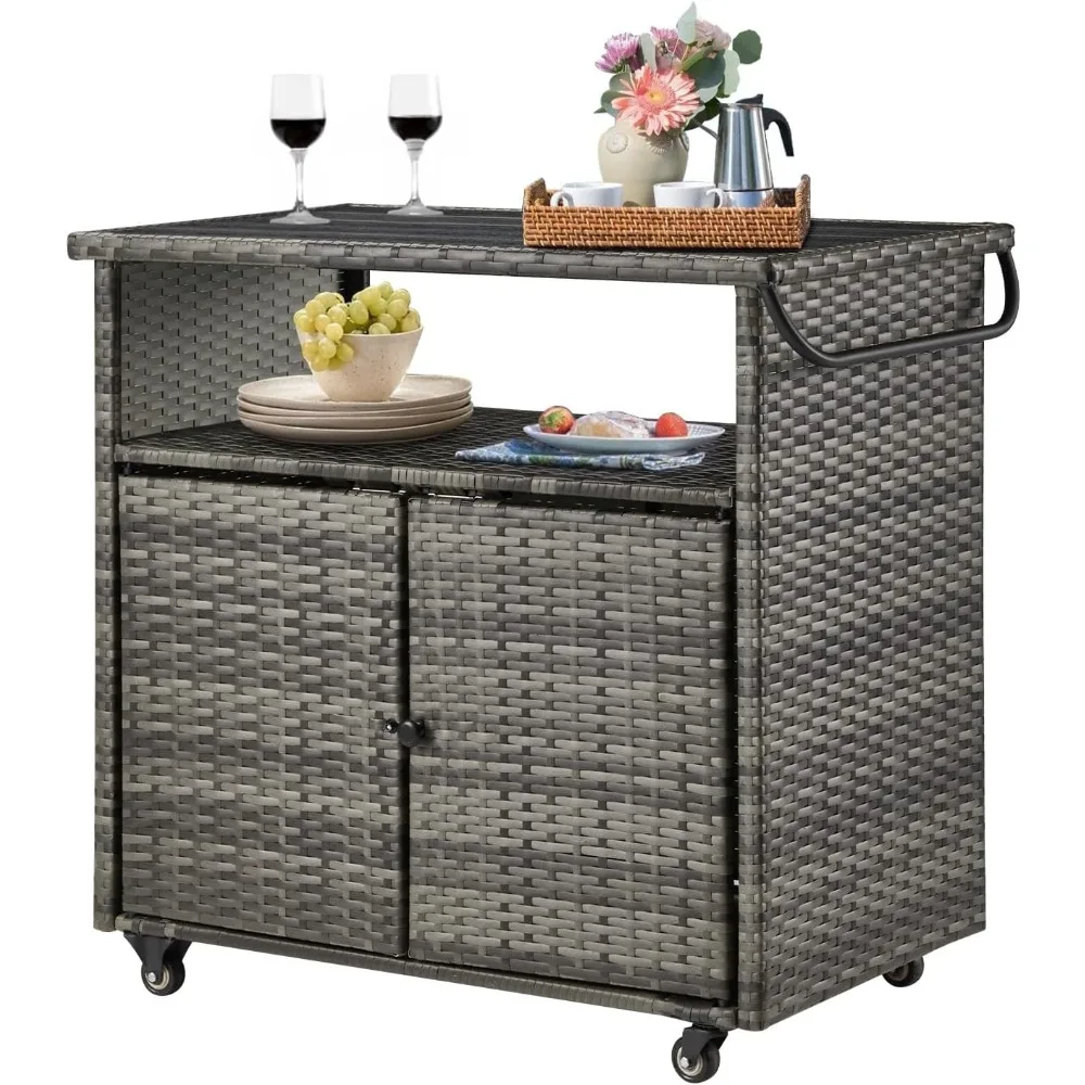 

Outdoor Bar Cart, Patio Storage Grill Cart with Handles, Waterproof Liner and 4 Universal Wheels, Fade-resistant PE Rattan Stora