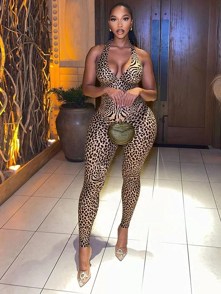 Leosoxs Tuta con stampa leopardata Donna Coquette Tendenza estiva Midnight Club Attività Tuta da allenamento elasticizzata fitness senza maniche