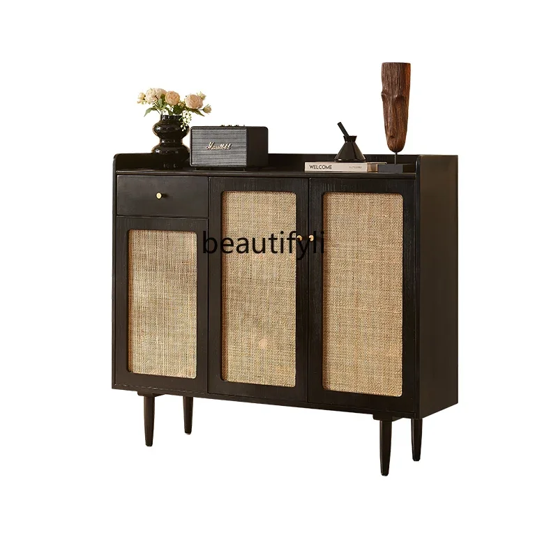 

Solid Wood Shoe Cabinet French Retro Rattan Storage Hallway Living Room Small Apartment Storage Cabinet