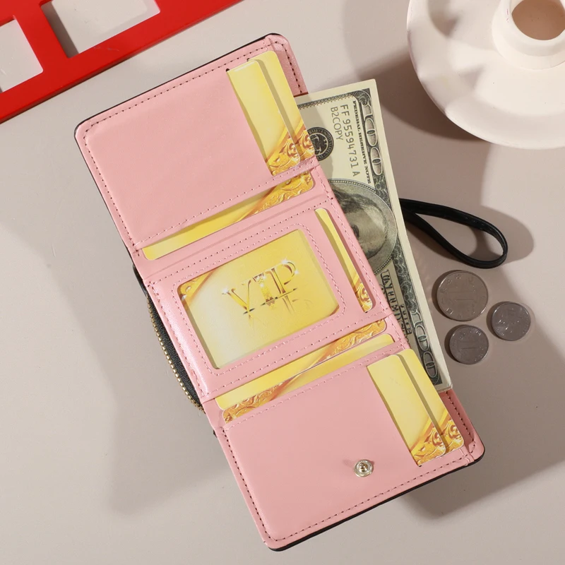 Tri-Fold Ladies Wallet with Wristlet -  Snap Closure, Multiple Zip Pockets, Casual Style Credit Card Holder for Women