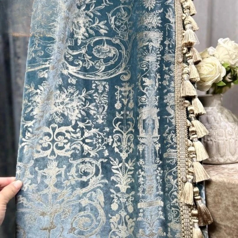 Velvet Gold Stamping Craft Blue-green Blackout Curtains Light Luxury Living Room Bedroom Floor-to-ceiling Window Custom Curtains
