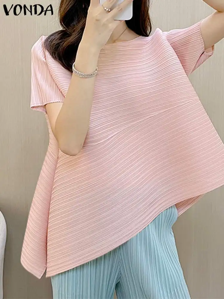 Fashion Short Sleeve Irregular Hem Blouse VONDA Casual Solid Color Shirts Summer Tops 2024 Bohemian Elegant Tunic Loose Blusas