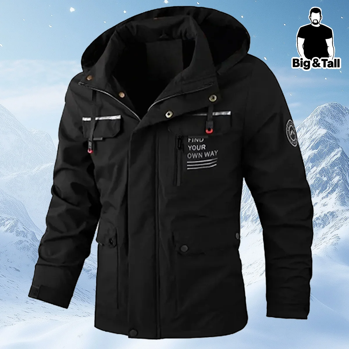 Jaket kerja pria ukuran besar dengan tudung dan tali serut, cocok untuk mendaki gunung, berbelanja, dan aktivitas sehari-hari.