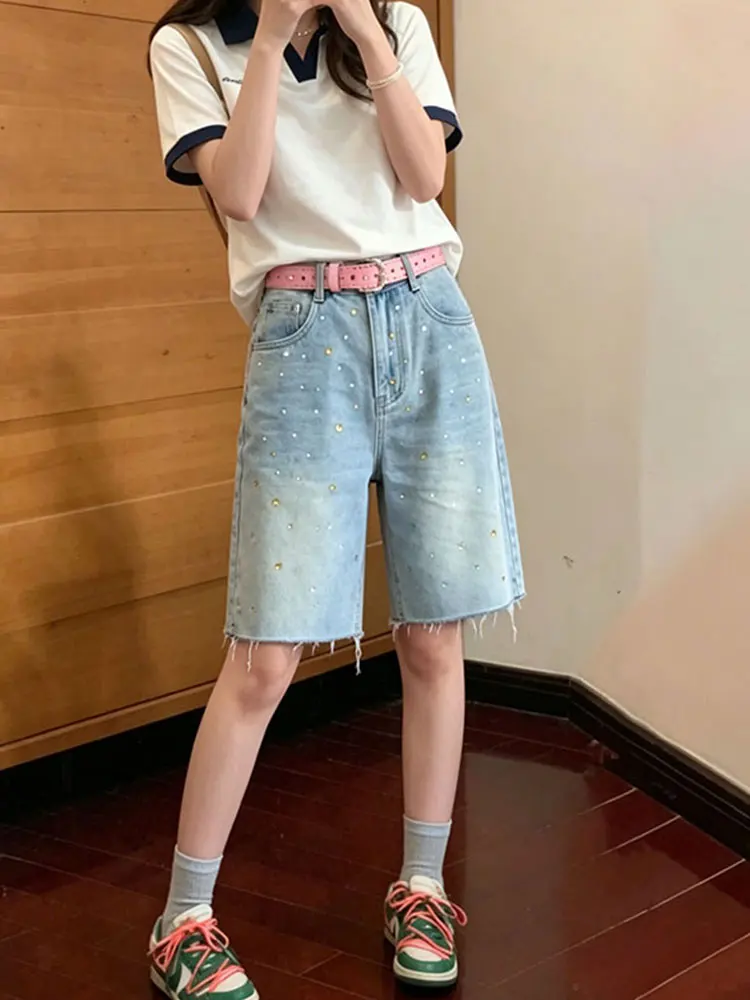 

American Design Loose Wide Leg Retro Rhinestone Denim Shorts Women's Summer New Slimming Five-Point Pants