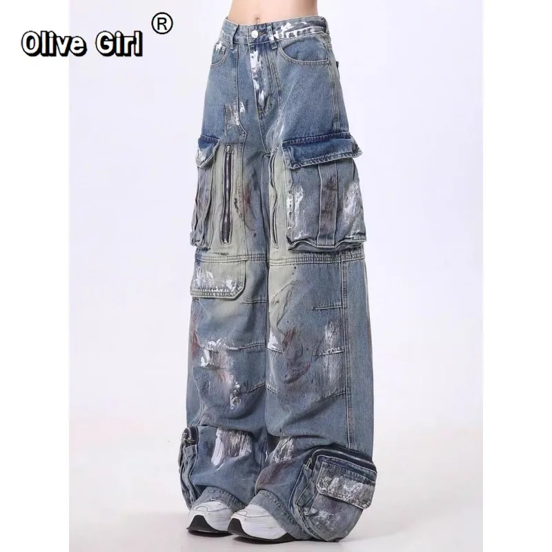 Olivegirl Denim Jeans American High Waist Graffiti Multi Pocket Jeans Trousers Women Men 2026 Spring Loose Fluffy Wide Leg Pants