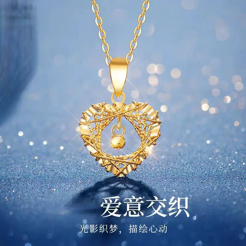 

9999 24K Real Gold Heart Woven Dream Net Pendant Mobius Collarbone Chain Valentine's Day Gift Necklace for Girlfriend Necklace