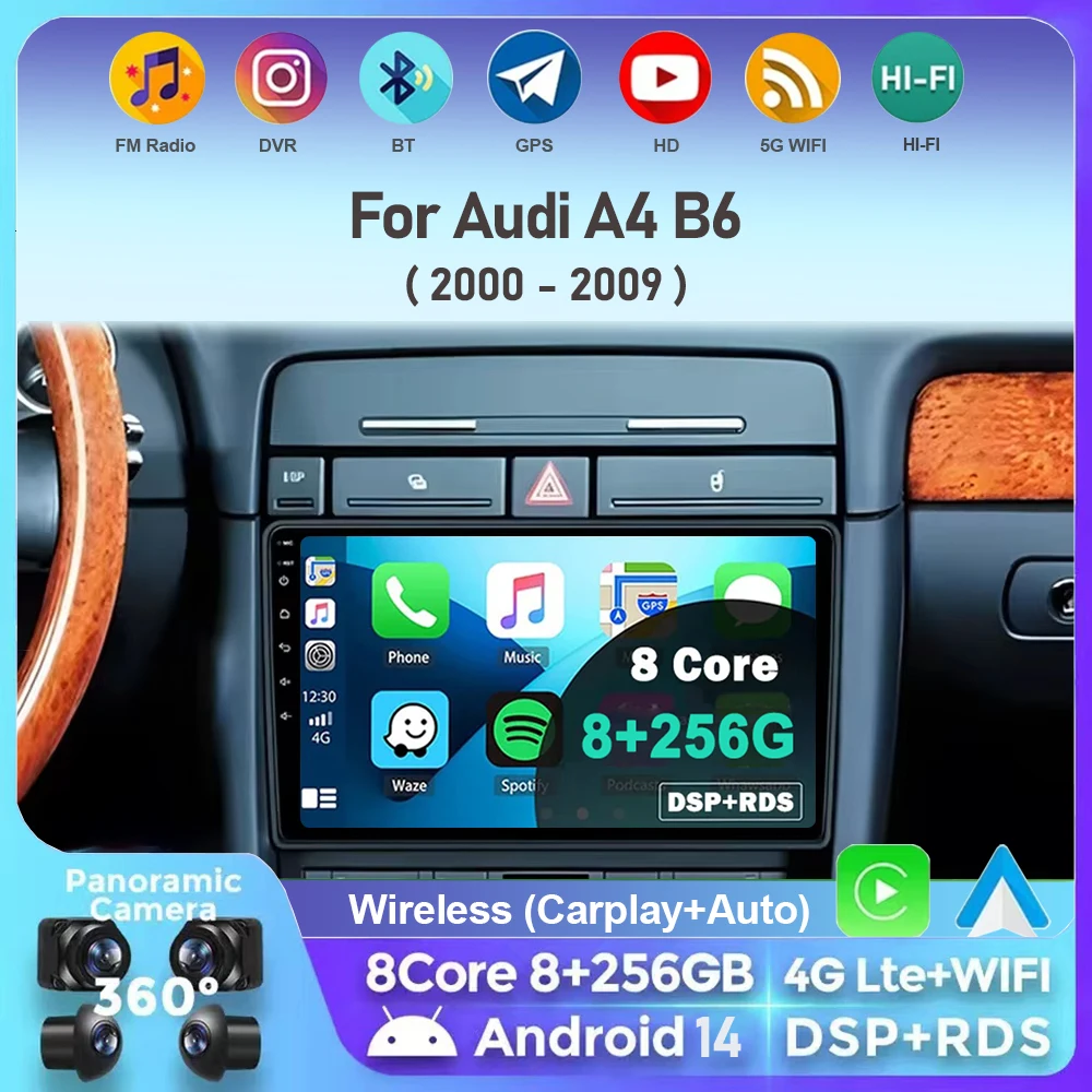 

Android 14 для Audi A4 B6 2000-2009 Автомобильный радиоприемник Мультимедийный видеоплеер Навигация GPS без 2din 2 din dvd 4G + WIFI carplay + auto DSP