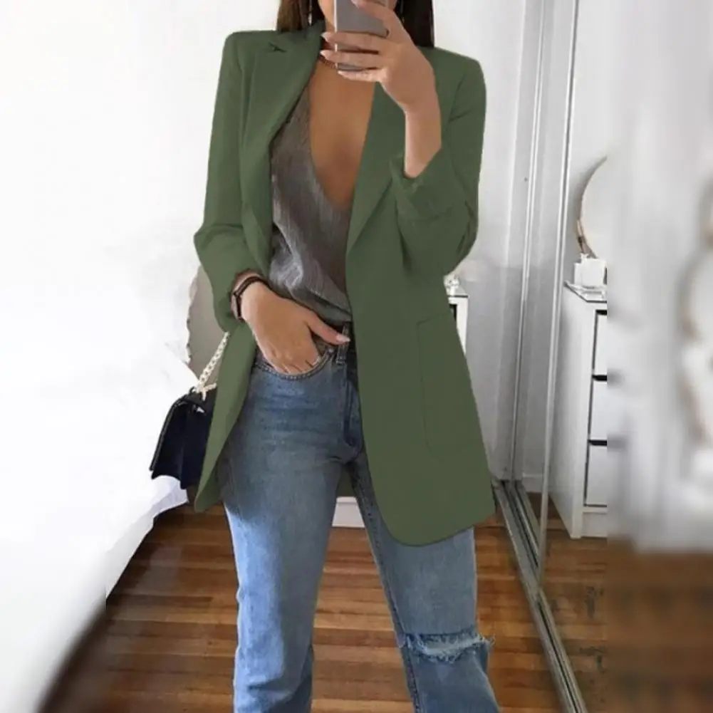 Suit Jacket Elegant Lapel Suit Coat with Big Pockets for Women Long Sleeve Open Front Business Outwear Solid Color Commuting
