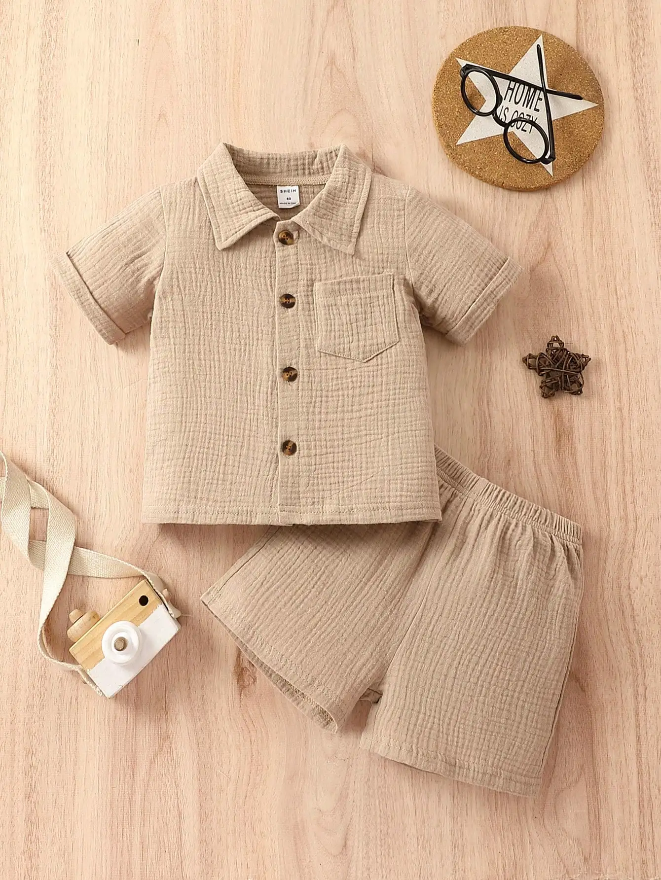 

Cotton 2-Piece Summer Baby Boy Khaki Short-Sleeved Shorts Casual Outdoor Everything Simple Comfortable Soft Suit