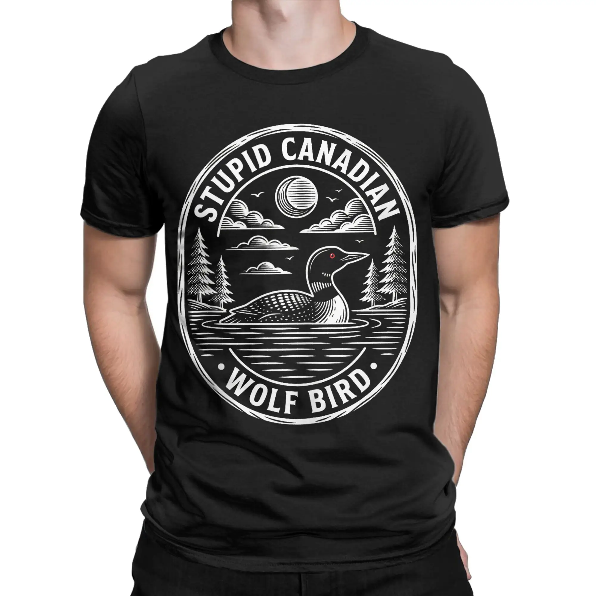 Vintage Stupid Canadian Wolf Bird Cute Loon Sarcastic Animal T Shirt Men's Cotton Novelty T-Shirt Tees Short Sleeve Clothes