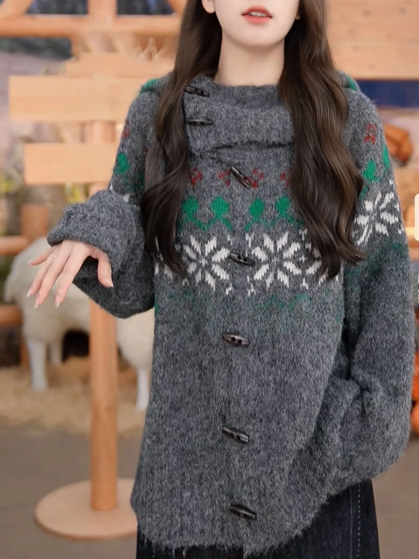 

Autumn Winter Faion ey Knitted Sweater Women's Loose Lazy Sle Warm Cardigan Coat with Horn Buttons Large Size