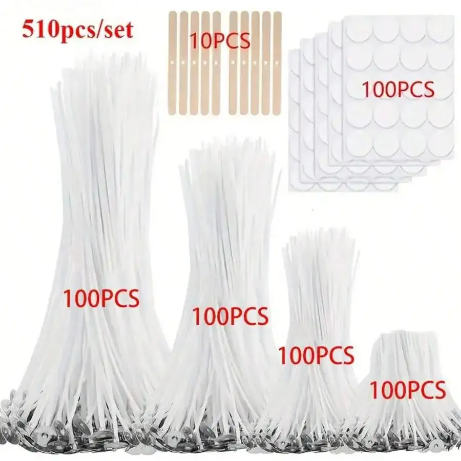 Zestaw do wyrobu świec, 310/510 elementów, świece o długości 2,5 cm/10 cm/15 cm/20 cm, 10 świeczników i 100 naklejek na świece do świec filarowych — 2
