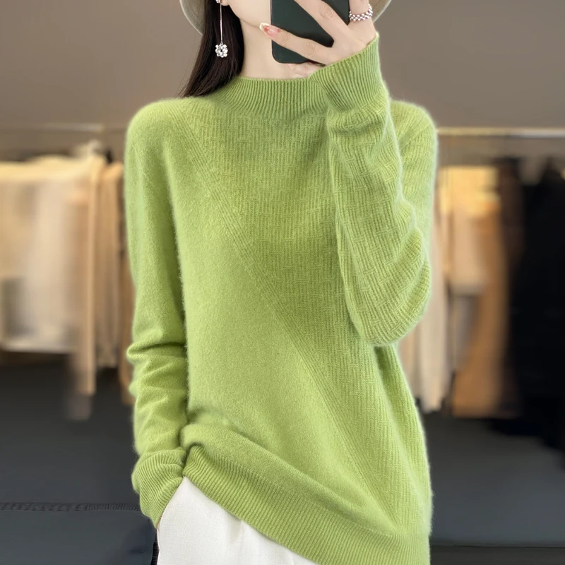 

100% Pure Wool Women's Knitted Sweater, Autumn And Winter Semi High Neck Solid Color Loose fit Warm Knit Sweater