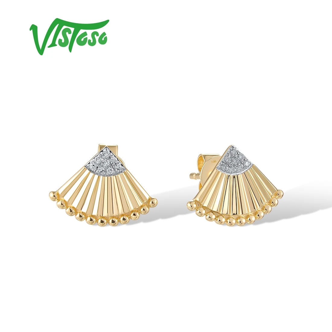 

VISTOSO Authentic 14K 585 Yellow Stud Earrings For Women Sparkling Diamond Chic Fan Shape Oriental Wedding Gifts Fine Jewelry