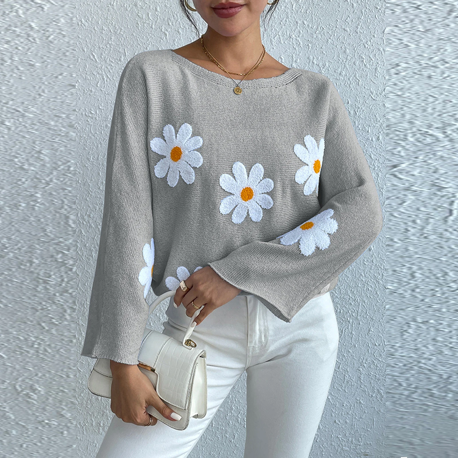 Pull en tricot esthétique à manches longues pour femmes, pulls brodés de fleurs douces, pulls à col bateau, pulls décontractés, Y2K, printemps et automne