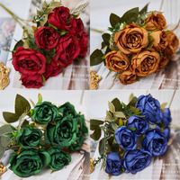 Vintage 8-Head Artificial Peony & Green Rose Silk Flowers for Wedding Desk Room Party DIY Bouquet Decor Fake Flower Arrangements