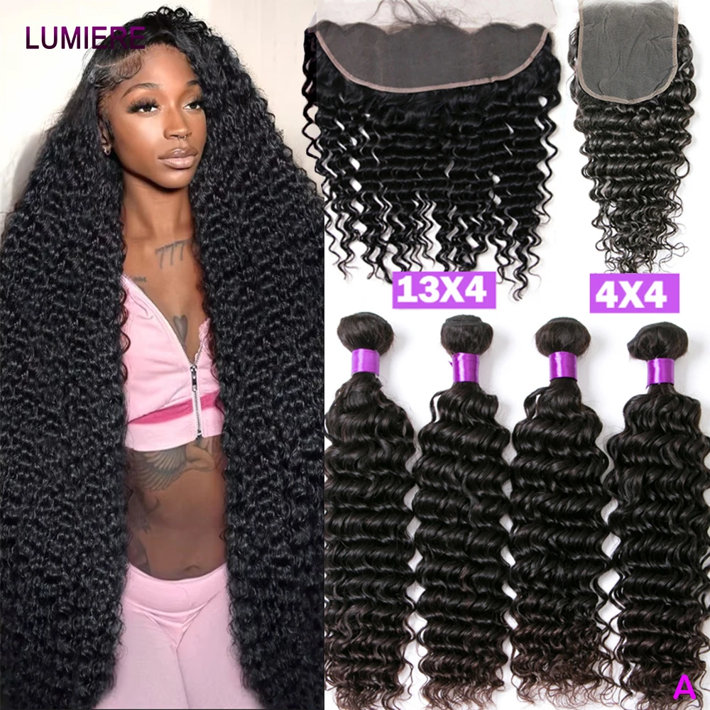 

Глубокие вьющиеся волнистые пучки с застежкой спереди HD Прозрачные девственные человеческие волосы 3/4 Пучки для чернокожих женщин Наращивание волос