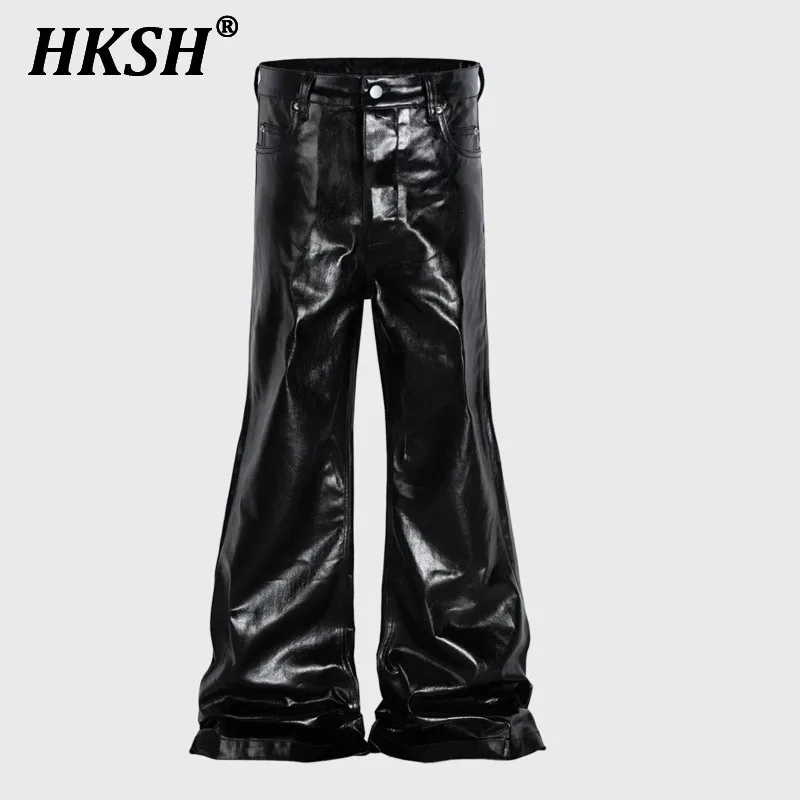 HKSH Women High Street Denim Pants Vintage Dark Y2K Baggy Wide Leg Trend Coated Glossy Lacquer Leather Micro Flared Jeans HK1421