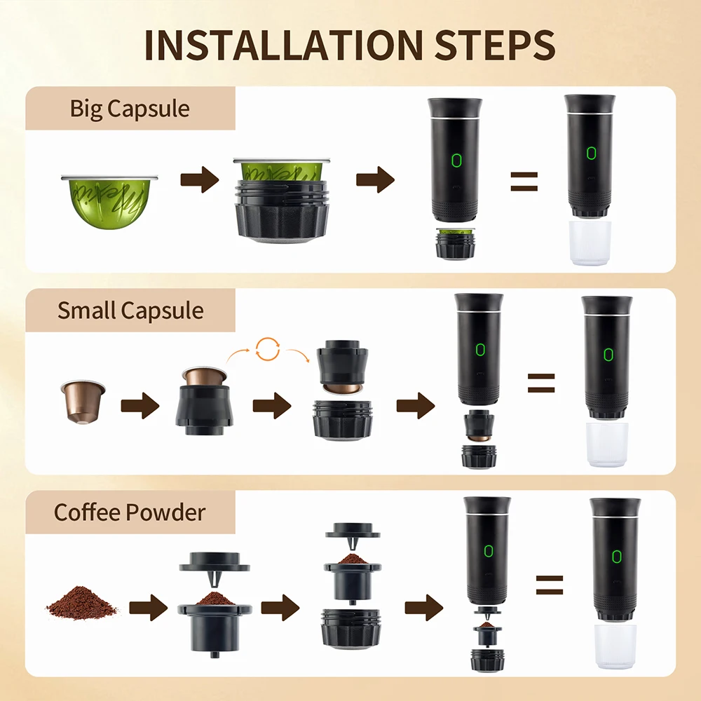 Wireless Electric Portable Espresso Coffee Machine for Car & Home Camping Coffee Maker 3-in-1 Capsule Powder Travel Coffee Maker 4