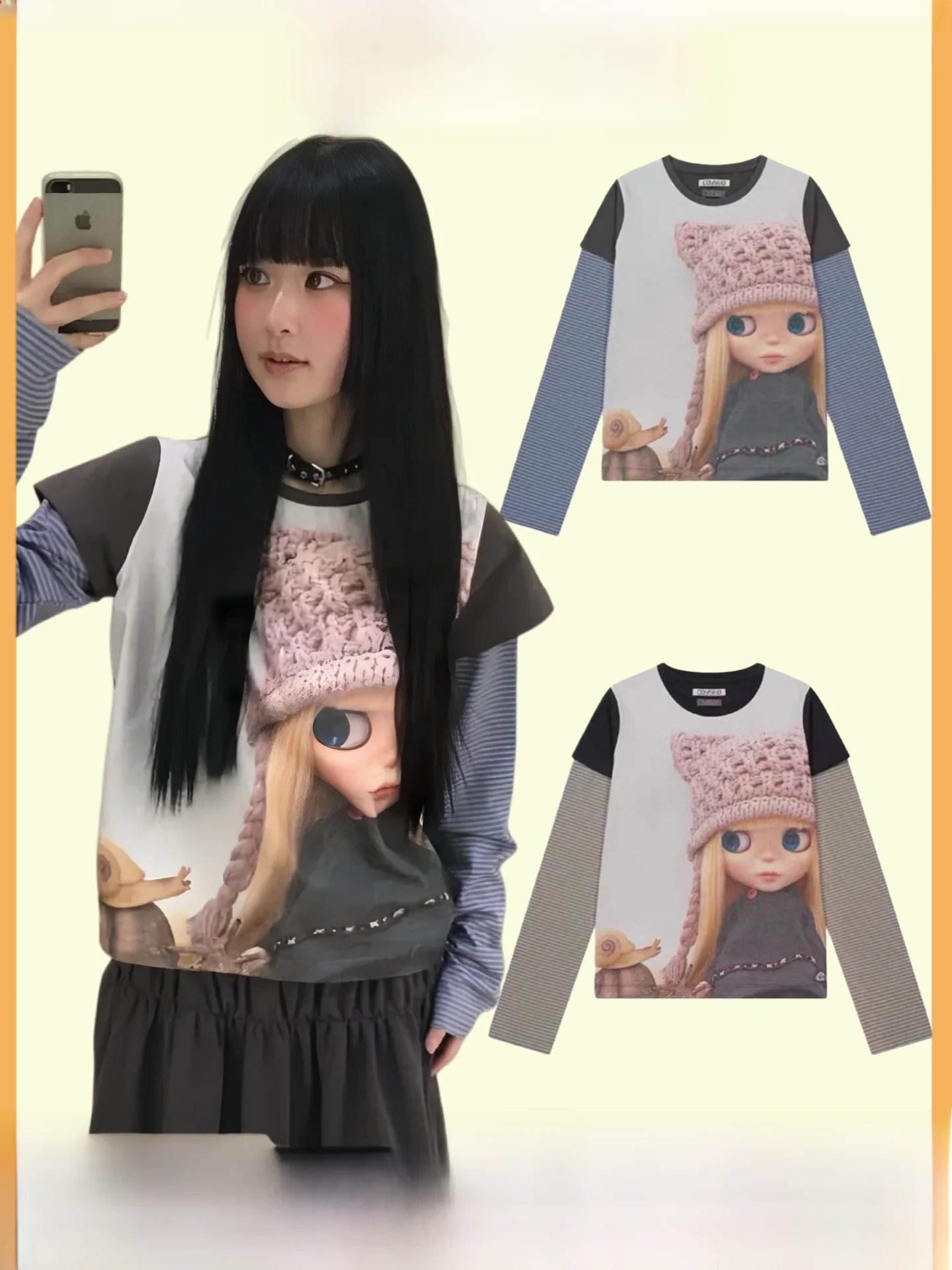 

Женская футболка Coyseio Doll Collaborative с длинным рукавом, весна 2026, новая повседневная свободная модель с круглым вырезом, пуловер