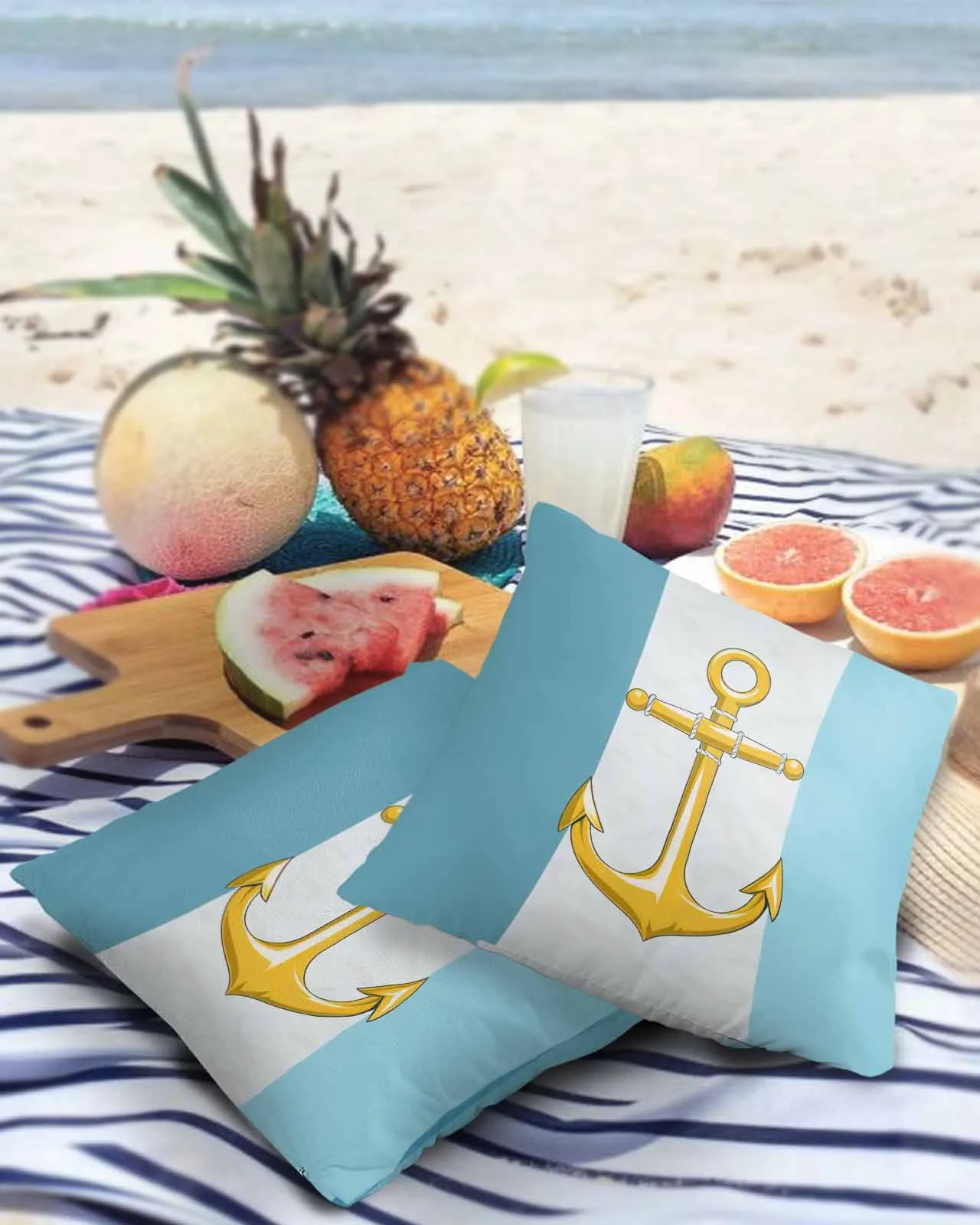 Color Block Boat Anchor Rope Gold Pillowcase Set Living Room Sofa Decor Cushion Cover Waterproof Throw Pillowcover