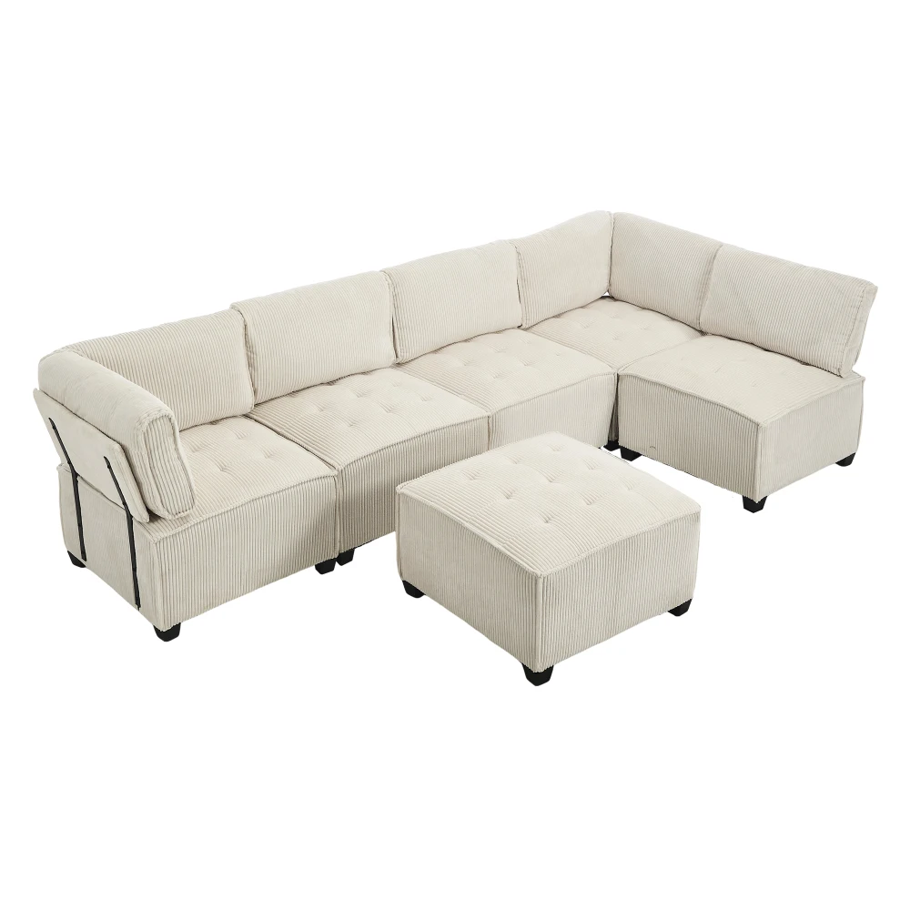 Sofa Modulares 6-Sitzer-Sofa, Kordelstoff, ergonomisch, Aufbewahrungstaschen, flexibel kombiniert als U-Form/L-Form/Sofabett – Detail 15