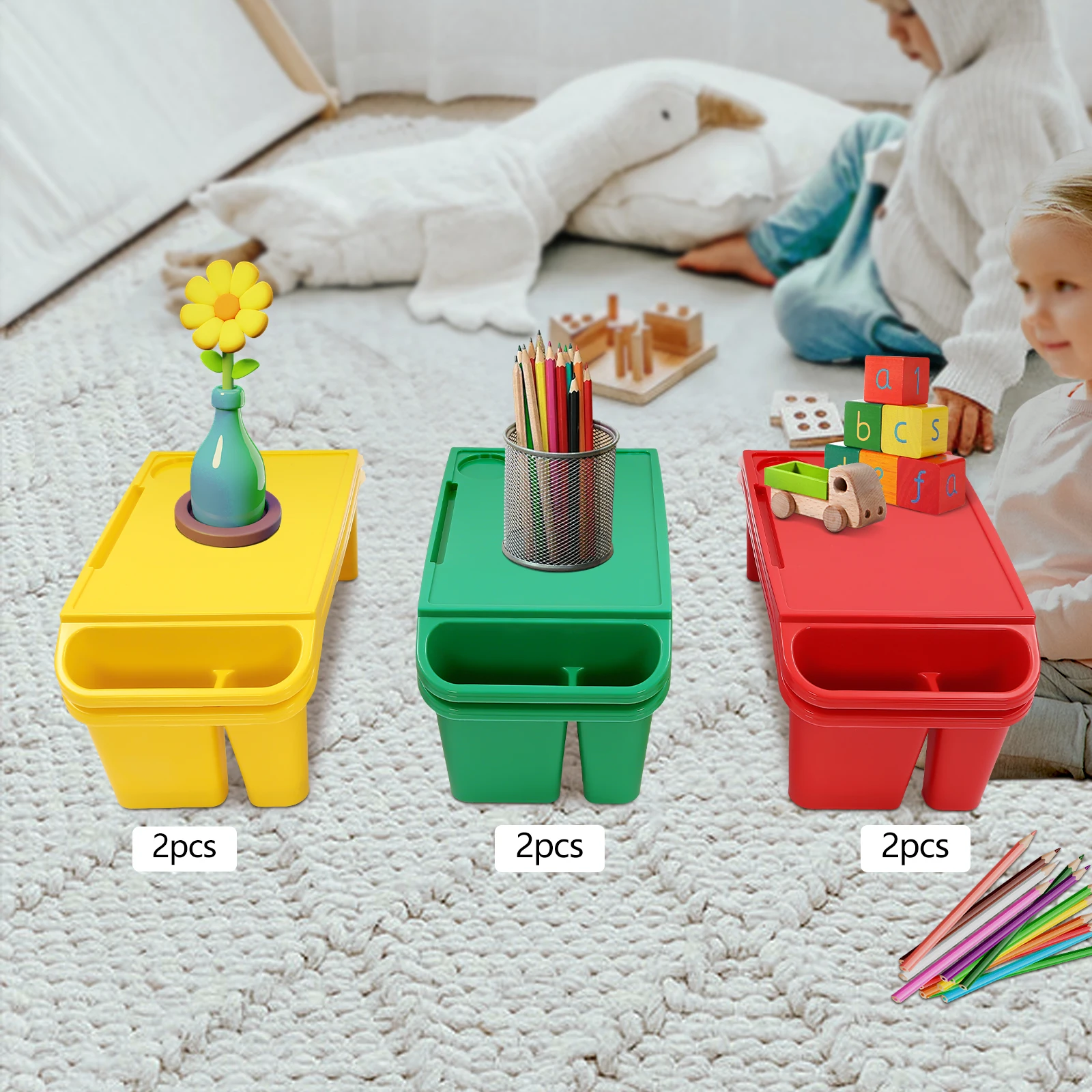 6Pcs Red Green and Yellow Children's Lap Table with Side Storage Multifunctional Movable Dining Table Used in Kindergartens