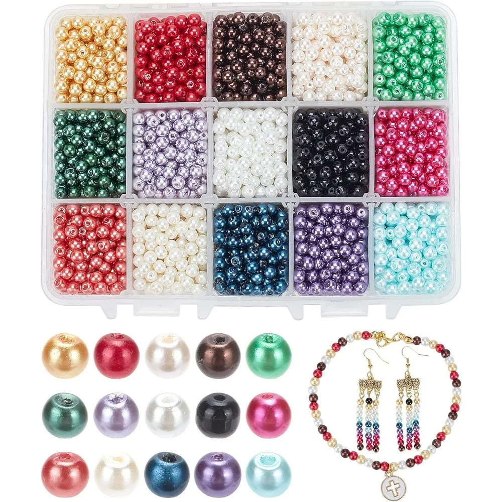 3400pcs Craft Pearl Beads, 4mm Dyed Round Glass Pearl Beads 15 Color Pearlized Round Beads Tiny Satin Loose Luster Beads for