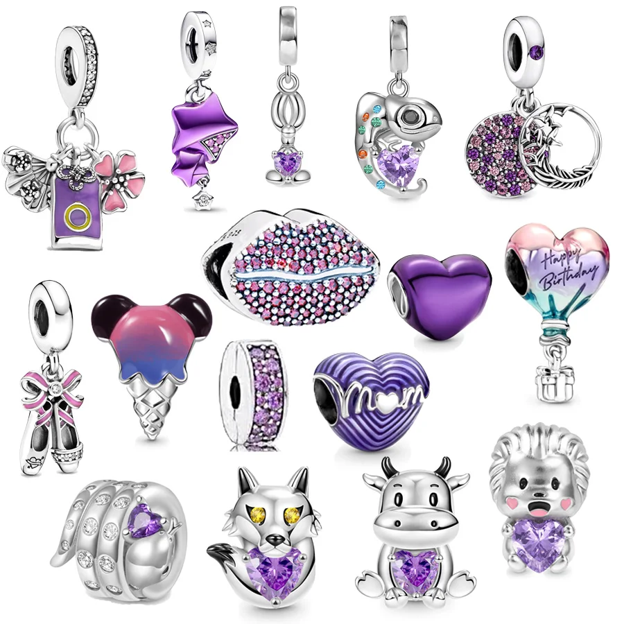 Hot Sale Purple Series Fit OriginalPan Brand Bracele Metallic Heart Ice Cream Hot Air Balloon Dangle Charm Bead DIY Jewelry Gift