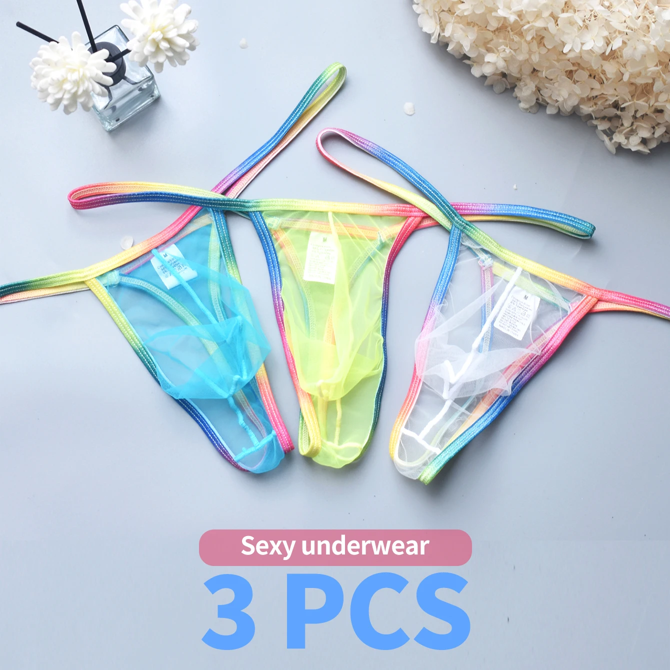 

3pcs Men's Thong Underwear Featuring a Sexy Transparent with Stretch Fabric Offering a Seductive Fit in Men's sexy Briefs Style