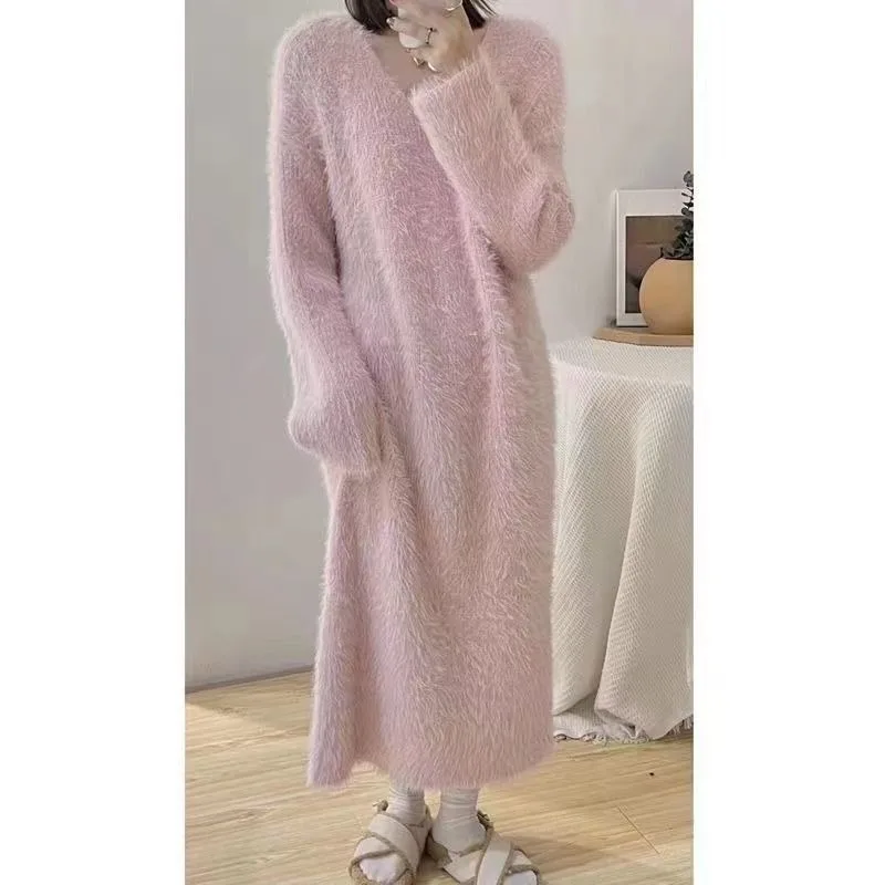 

Осень/зима 202, свободное популярное розовое свободное платье из искусственного норкового флиса длиной до колена, длинное меховое платье, женское пижамное платье, однотонное