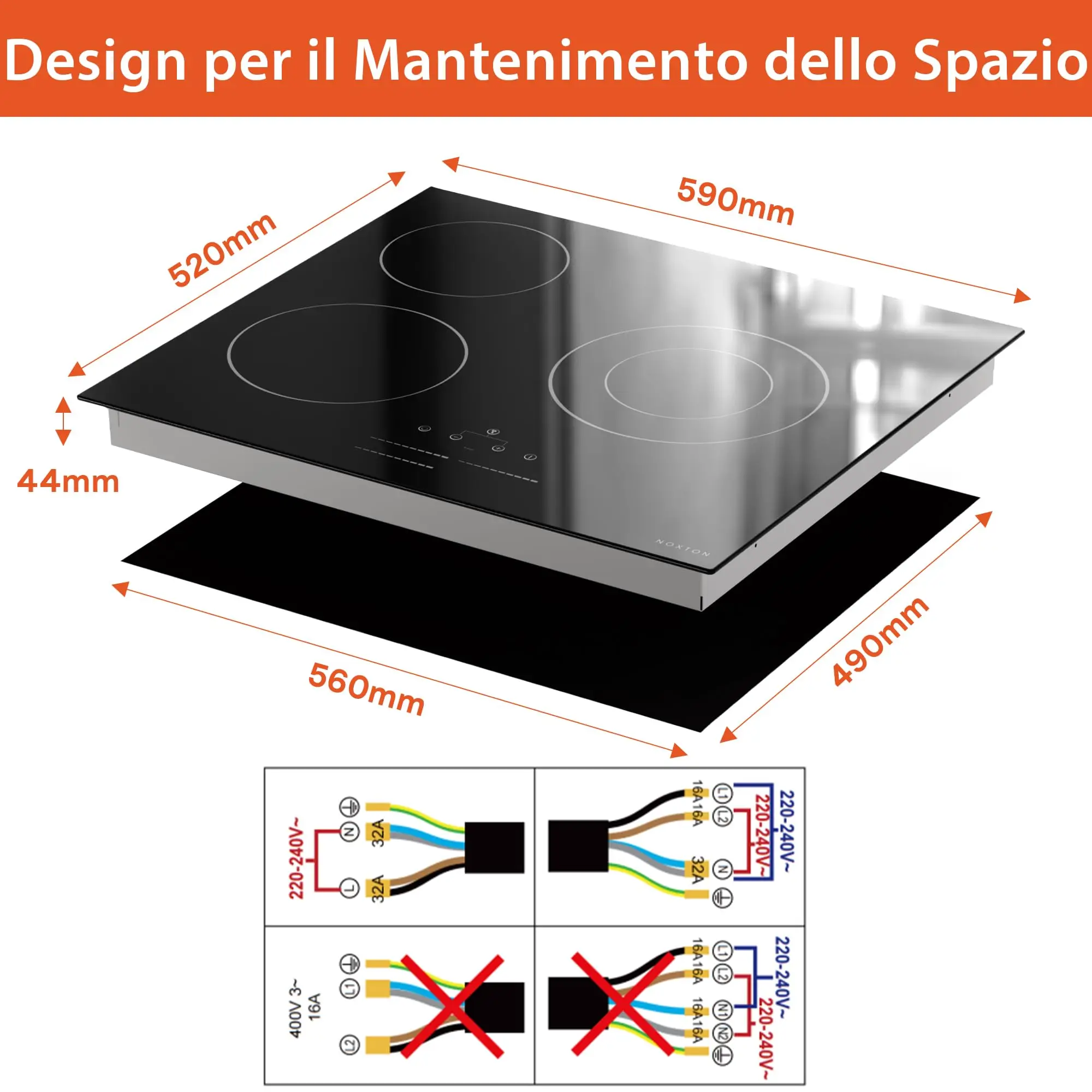 موقد NOXTON ذاتي الكفاءة 60 سم مع مناطق طهي بحلقة مزدوجة، مسطح سيراميك زجاجي 3 أطباق، 5500 وات، 220-240 فولت بدون قابس #6