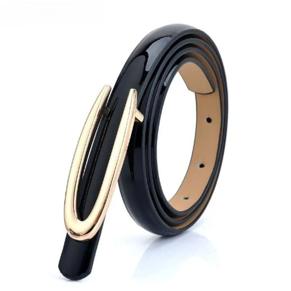 

Black Women Thin Leather Belt Coffee Smooth Buckle Belt Ladies Patent Real Leather Cowhide Brand Narrow Belts for Dresses White