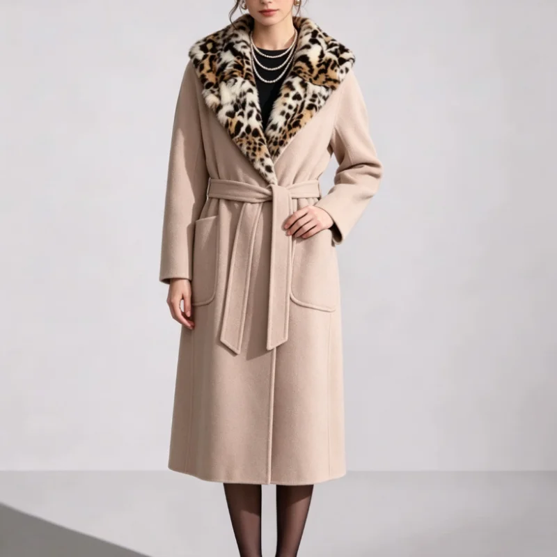 2026 AW Ladies Reversible Cashmere Long Jacket Oatmeal Detachable Leopard Fur Collar Robe Cut Coat Lightweight Drapey Outerwear